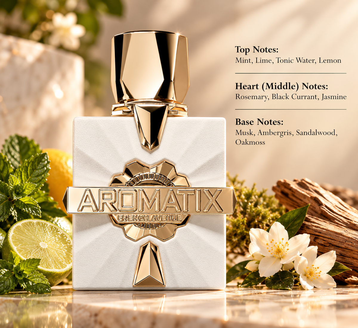 French Avenue Aromatix perfume in a refined warm setting with fresh mint, lime, jasmine and woody accents, reflecting its bright citrus, aromatic, musky and sophisticated woody fragrance profile.