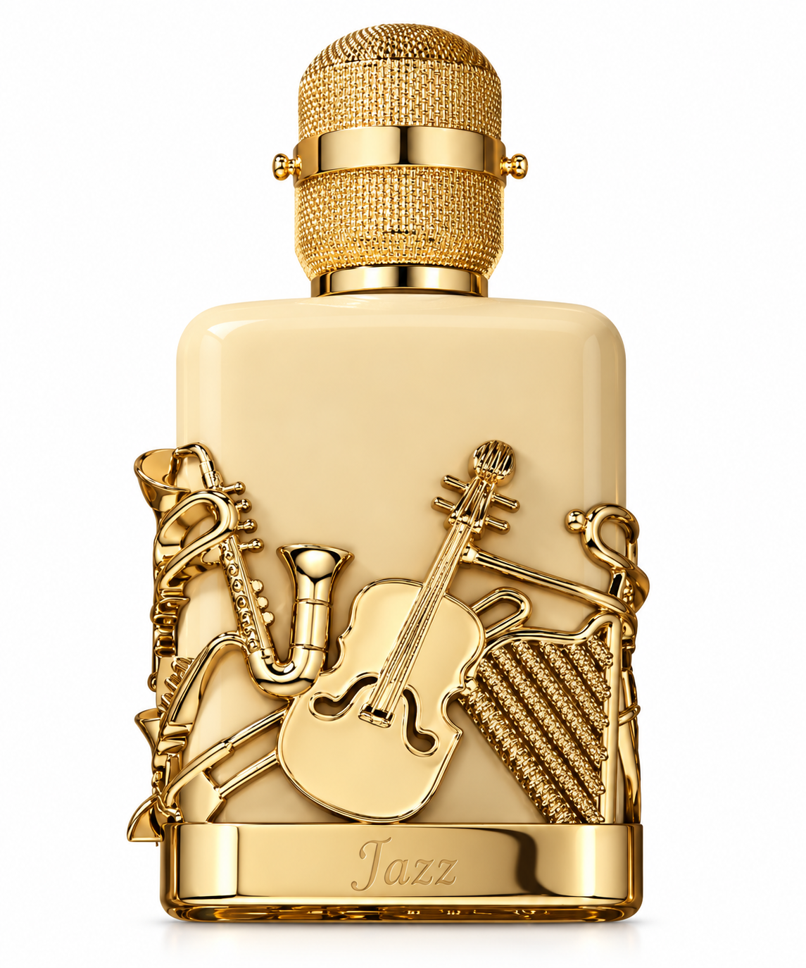 Elegant cream and gold Jazz perfume bottle featuring intricate musical instrument details, including saxophone, cello and harp motifs, with a textured microphone-inspired cap on a clean white background.