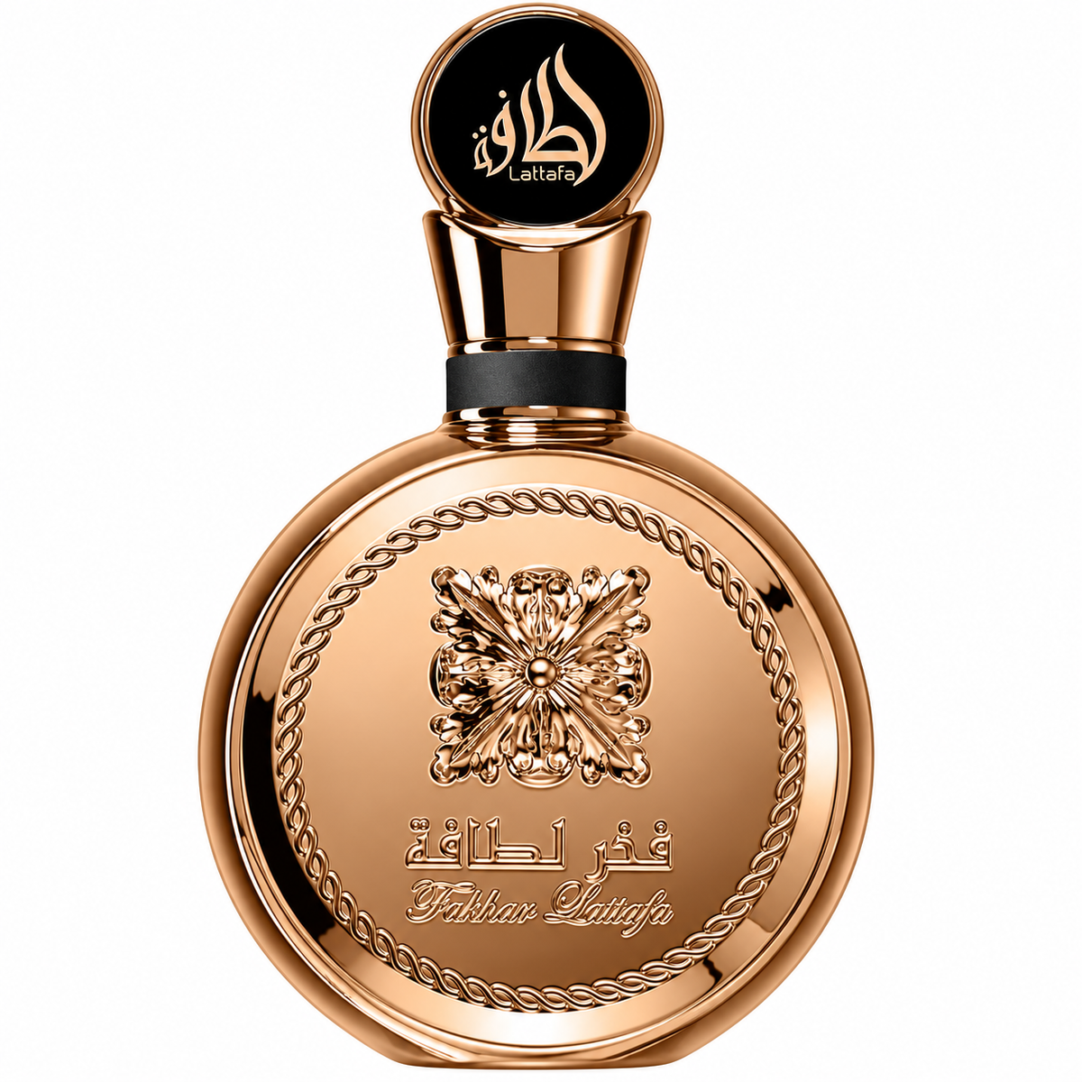 Lattafa Fakhar Gold presented in an opulent round metallic rose-gold bottle with intricate embossed detailing, an ornamental centerpiece and a distinctive black and gold circular cap, photographed against a clean white background.