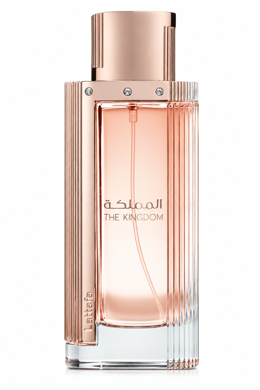 Lattafa The Kingdom Women 100ml Eau de Parfum presented in an elegant rose-gold and transparent glass bottle with refined ribbed detailing, crystal-like accents and Arabic and English branding, photographed against a clean white background.