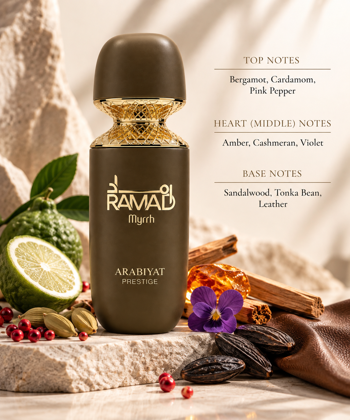 Arabiyat Prestige Ramad Myrrh 100ml Eau de Parfum with notes of bergamot, cardamom, pink pepper, amber, cashmeran, violet, sandalwood, tonka bean and leather, presented in an elegant warm composition.