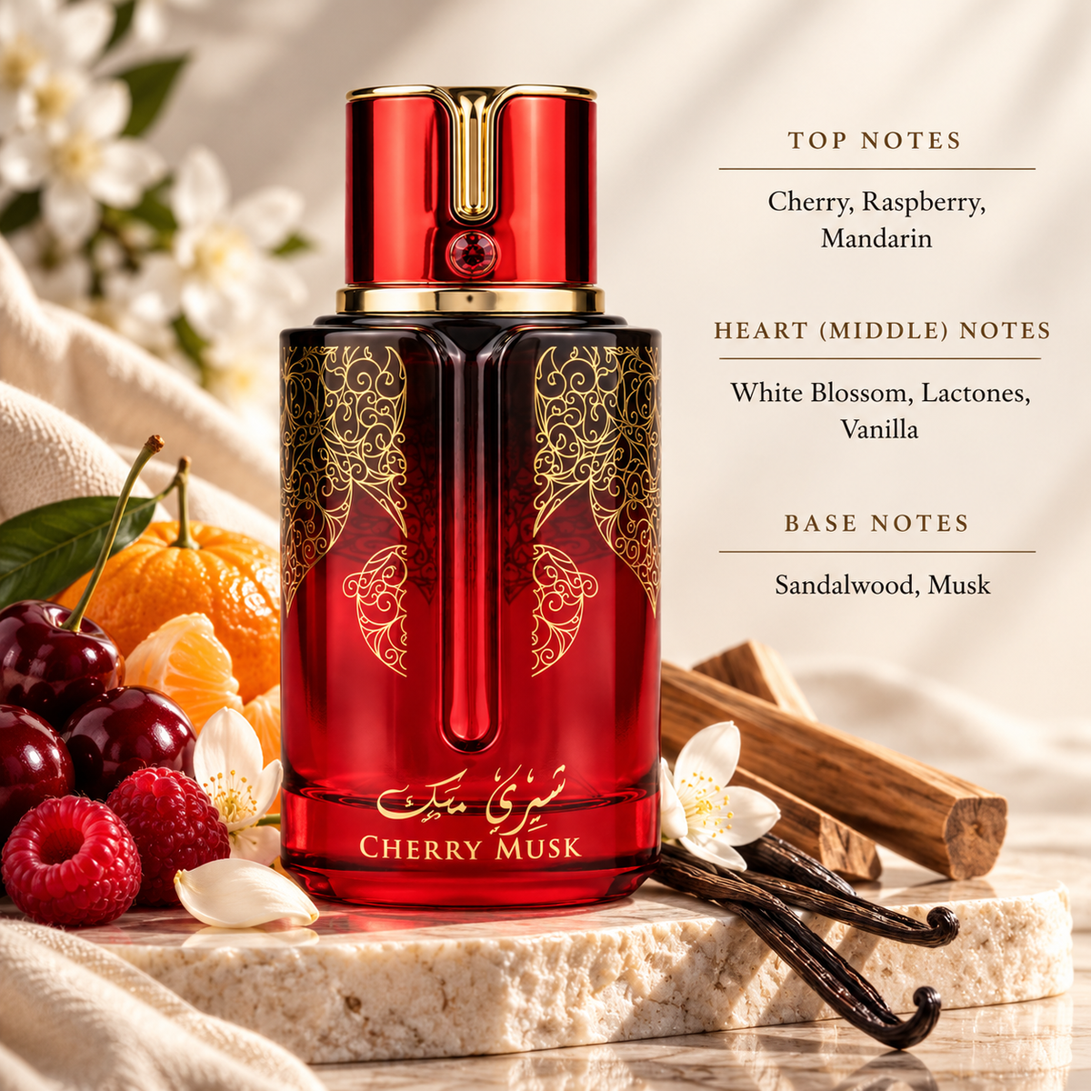 Arabiyat Prestige Cherry Musk presented in an elegant warm gourmand setting. Juicy cherry, raspberry and mandarin open the fragrance, followed by a creamy floral heart of white blossom, lactones and vanilla. Sandalwood and musk create a smooth, soft and sensual finish.