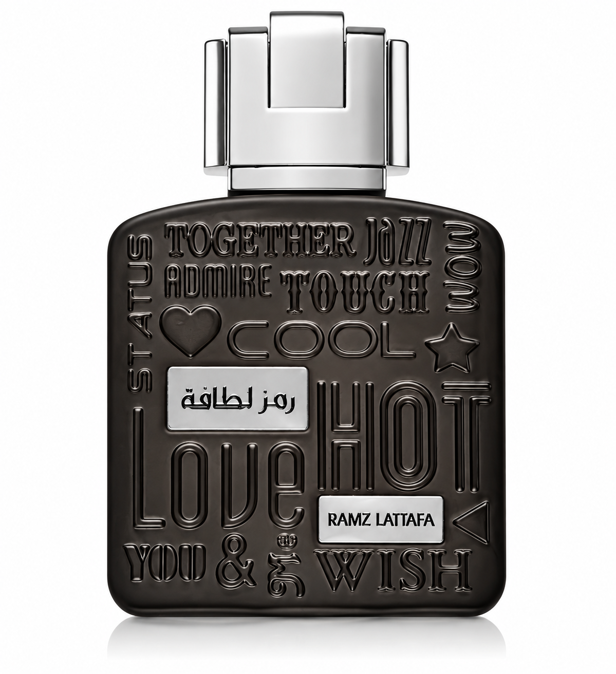 Lattafa Ramz Silver Edition 100ml presented in its distinctive dark metallic bottle with embossed typography and symbols, contrasting silver plaques and a polished silver architectural cap, photographed against a clean white background.