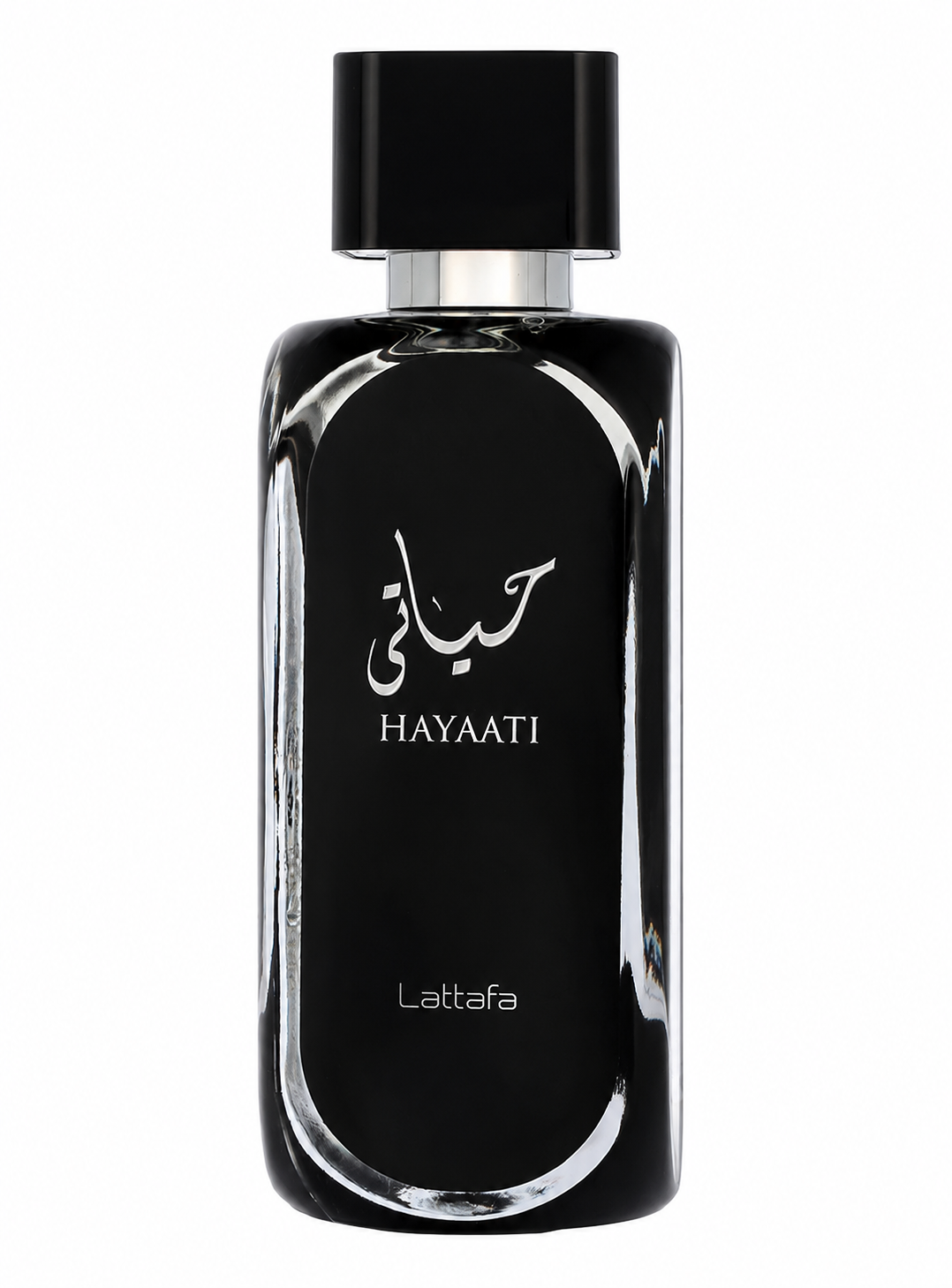 Lattafa Hayaati Eau de Parfum in a sleek glossy black bottle with a minimalist design, silver accents, and elegant Arabic calligraphy, presented on a clean white background. Premium masculine fragrance showcased in a high-resolution studio product image.