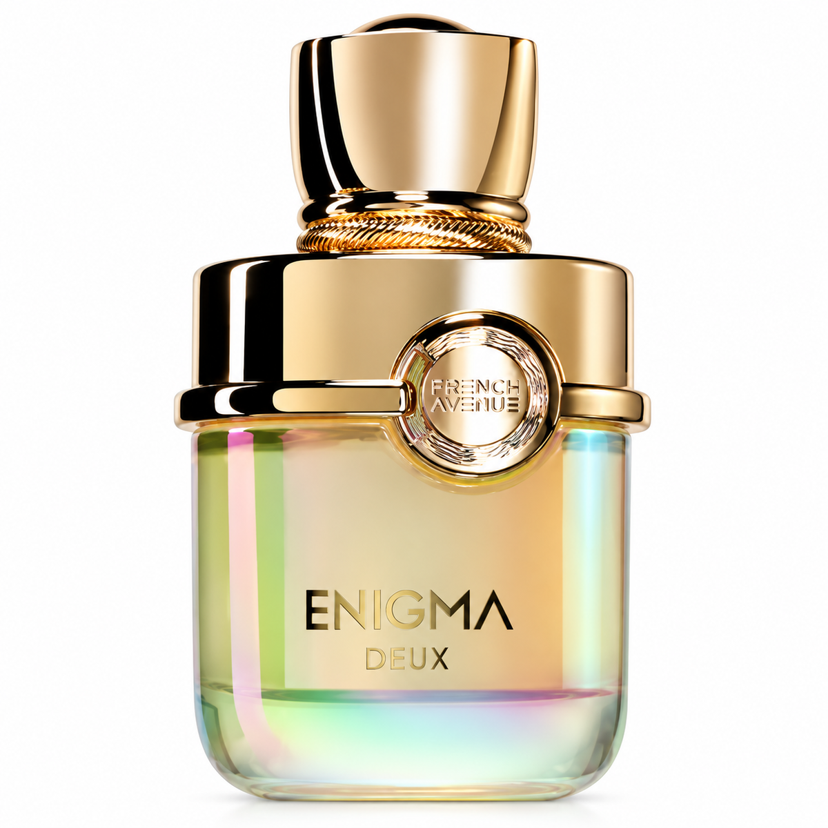 French Avenue Enigma Deux perfume in an elegant iridescent glass bottle with luxurious polished gold cap, rope detailing and signature French Avenue medallion on a clean white background.