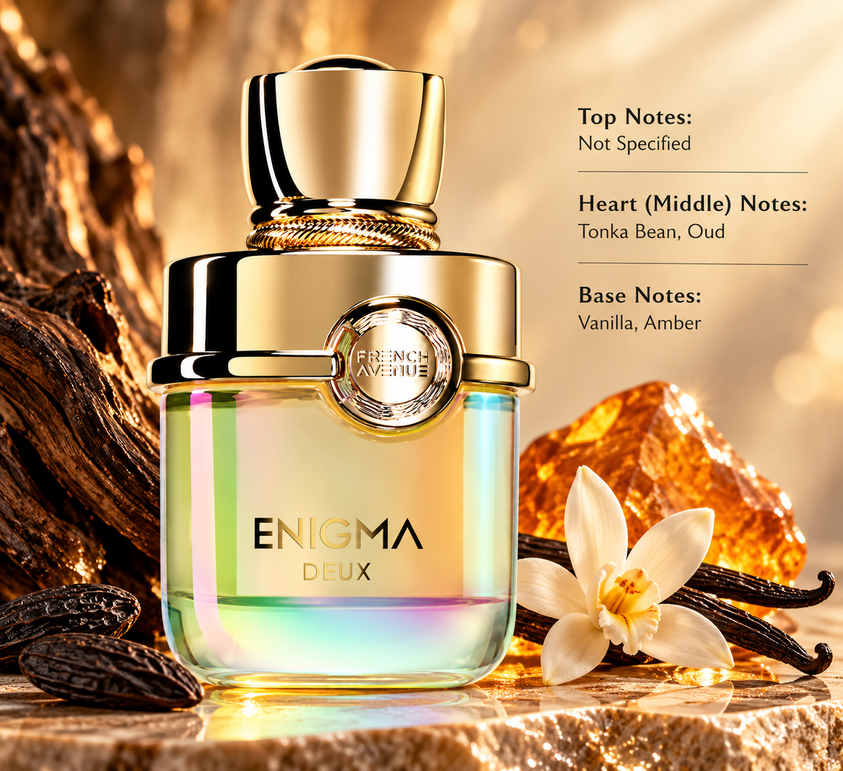 French Avenue Enigma Deux perfume presented in a warm luxurious setting with tonka bean, oud, vanilla and amber accents, reflecting its rich, sweet, woody and sensual fragrance profile.