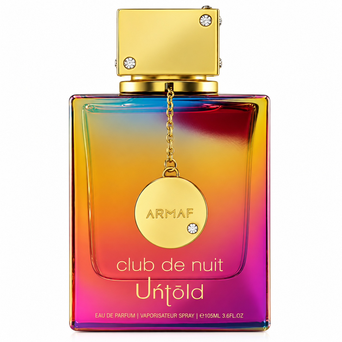 Armaf Club de Nuit Untold 105ml EDP, featuring its vibrant gradient glass bottle in gold, orange, pink and blue tones, luxurious gold cap with crystal details and signature ARMAF medallion, isolated on a clean white background.