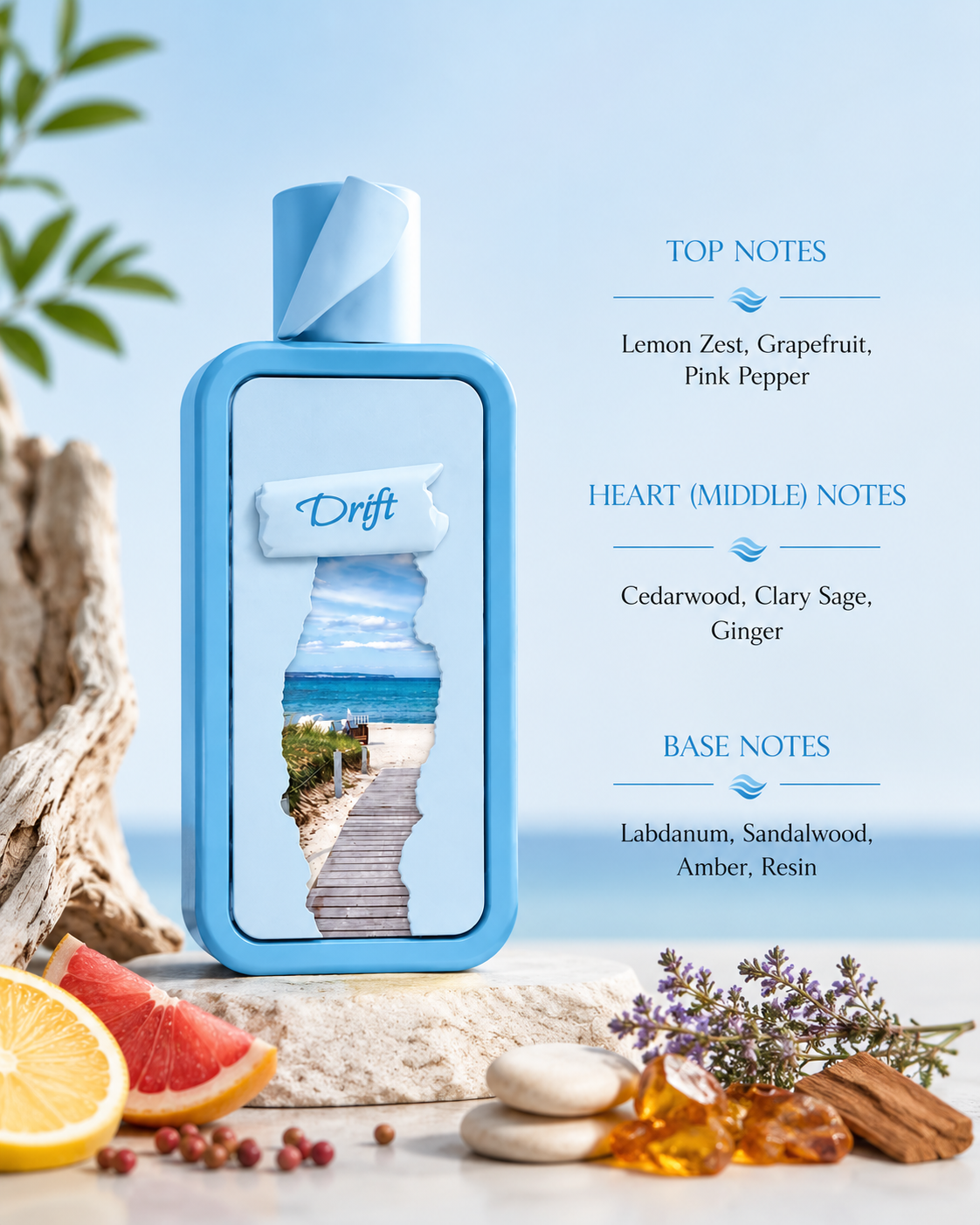 Drift Eau de Parfum displayed on a stone pedestal with citrus slices, driftwood, amber resin, lavender sprigs, and a soft coastal backdrop, reflecting its fresh and invigorating character. This elegant fragrance combines sparkling lemon zest, grapefruit, and pink pepper with a refined heart of cedarwood, clary sage, and ginger, before settling into a warm base of labdanum, sandalwood, amber, and resin for a refreshing yet enduring finish.