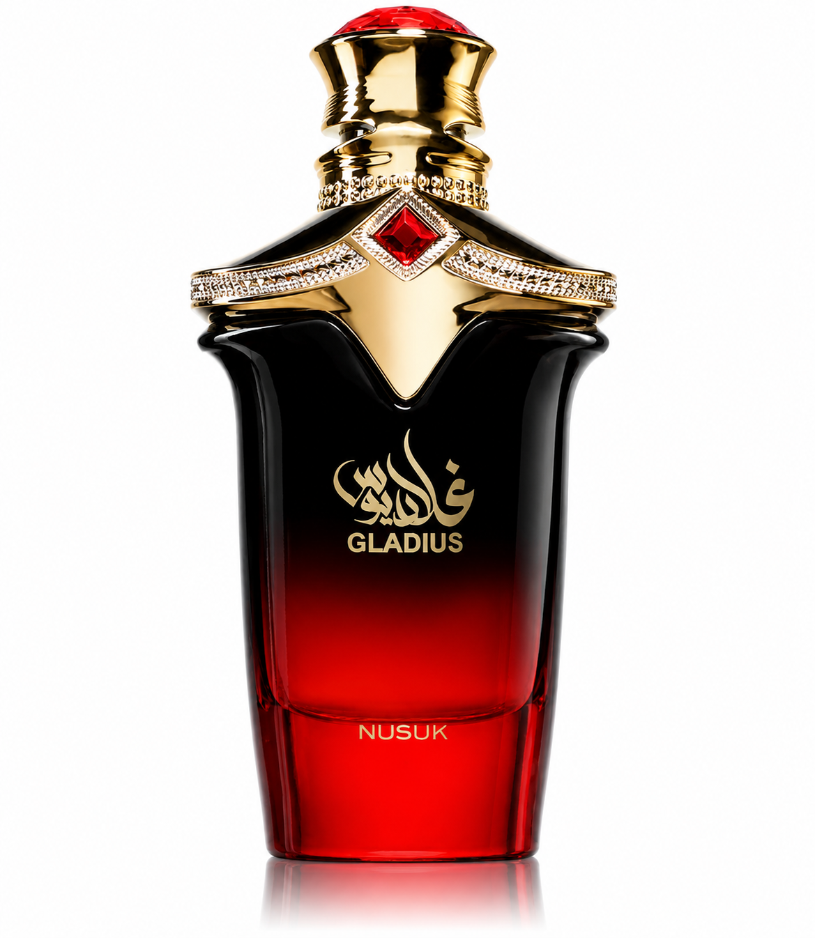 NUSUK Gladius Eau de Parfum luxury fragrance bottle featuring a striking black-to-red gradient glass design with ornate gold detailing and a ruby-red jewel cap, displayed on a clean white background. This premium oriental perfume combines elegant craftsmanship with a bold, sophisticated aesthetic, making it an ideal signature fragrance for both men and women.