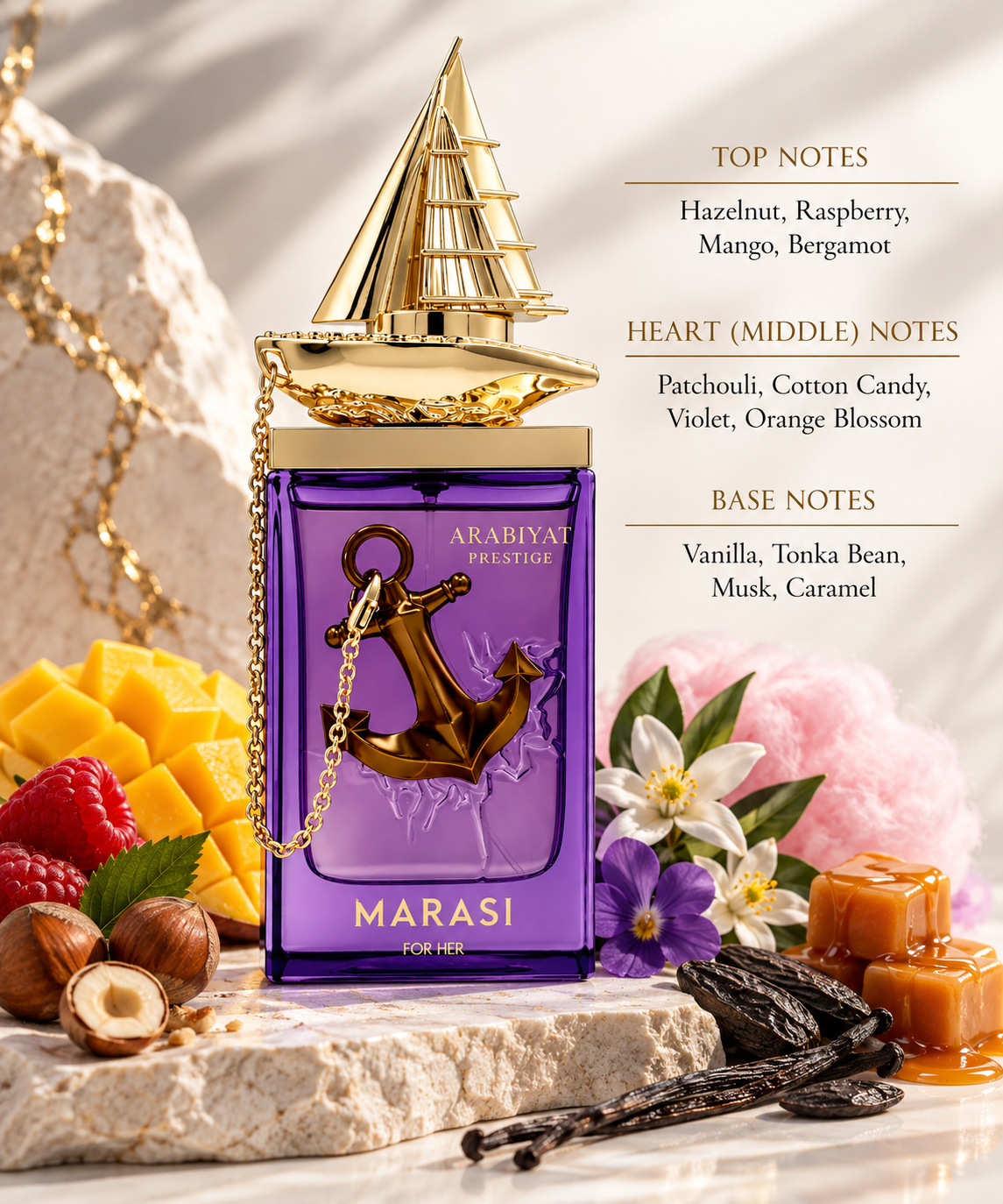 Arabiyat Prestige Marasi For Her 100ml Eau de Parfum with notes of hazelnut, raspberry, mango, bergamot, patchouli, cotton candy, violet, orange blossom, vanilla, tonka bean, musk and caramel.