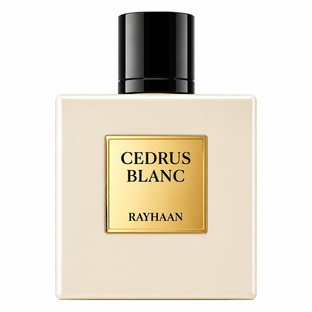 Rayhaan Cedrus Blanc 100ml EDP, featuring an elegant ivory square bottle with a glossy black cap and refined gold plaque, presented cleanly against a pristine white background.