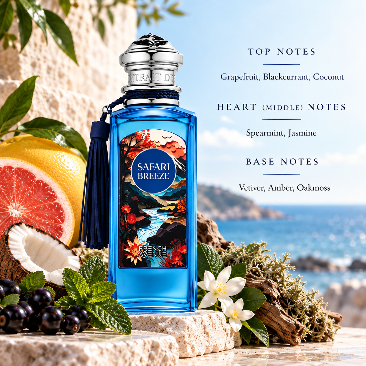 French Avenue Safari Breeze presented in a bright coastal setting that captures its fresh tropical and aromatic character. Grapefruit, blackcurrant and coconut create a vibrant opening, surrounded by fresh spearmint and jasmine, while driftwood, mossy textures and the seaside atmosphere evoke the vetiver, amber and oakmoss base.