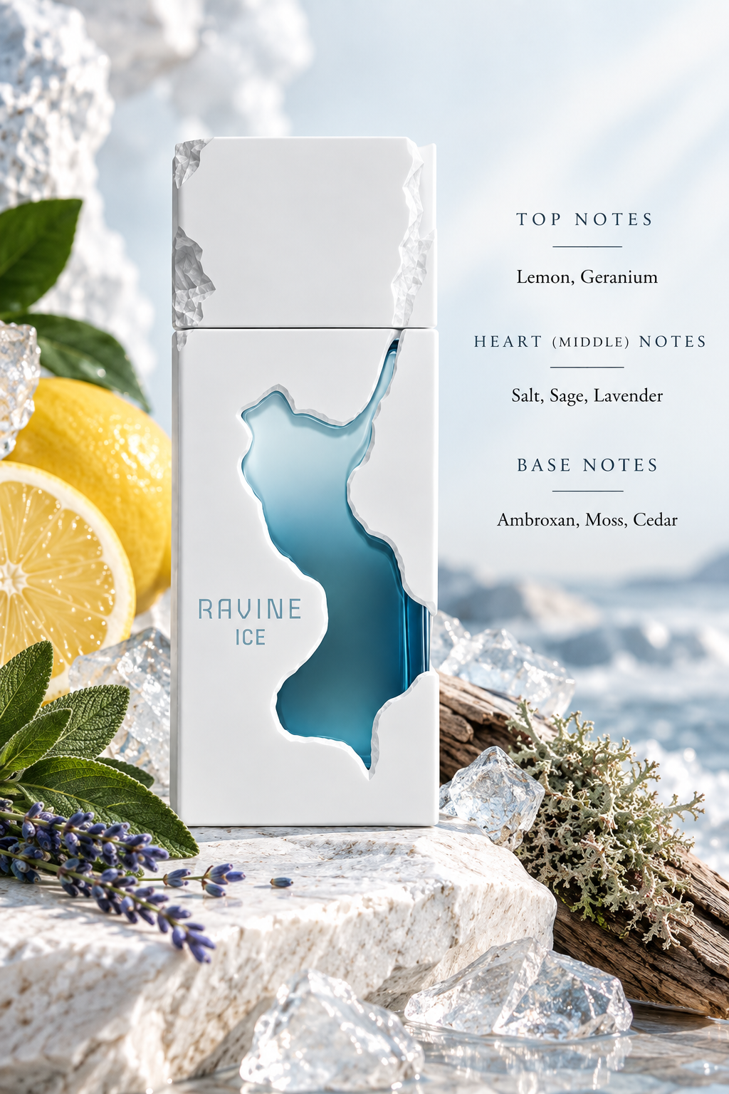 French Avenue Ravine Ice presented in a crisp, frozen-inspired setting with lemon and aromatic greenery, lavender, sage, crystalline ice and cool woody elements. The composition visually reflects its fresh aromatic profile, from bright lemon and geranium through salty sage and lavender to an ambroxan, moss and cedar base.