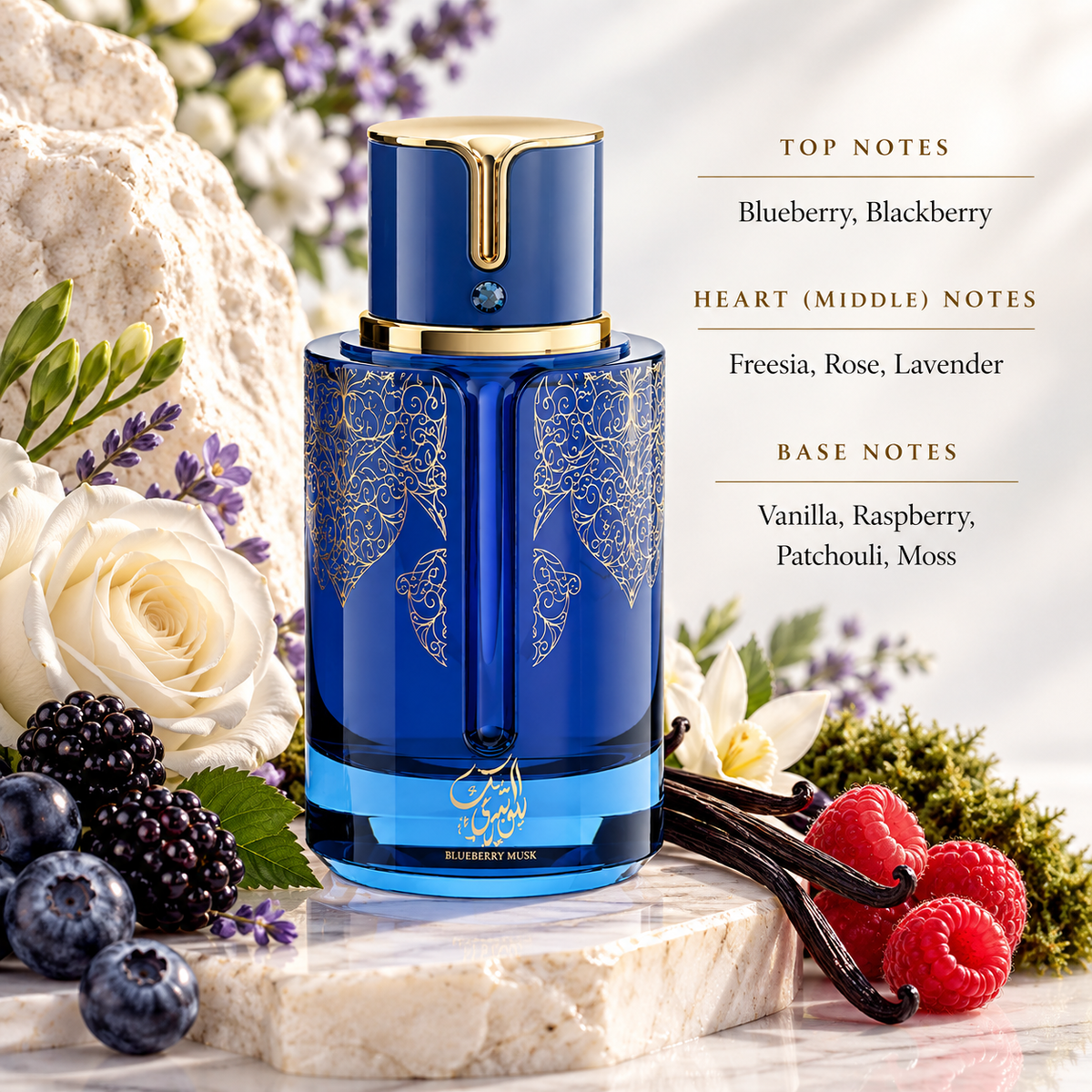 Arabiyat Prestige Blueberry Musk presented in an elegant fruity-floral setting. Juicy blueberry and blackberry open the fragrance, followed by a delicate heart of freesia, rose and lavender. Vanilla, raspberry, patchouli and moss create a smooth, sweet and earthy finish.