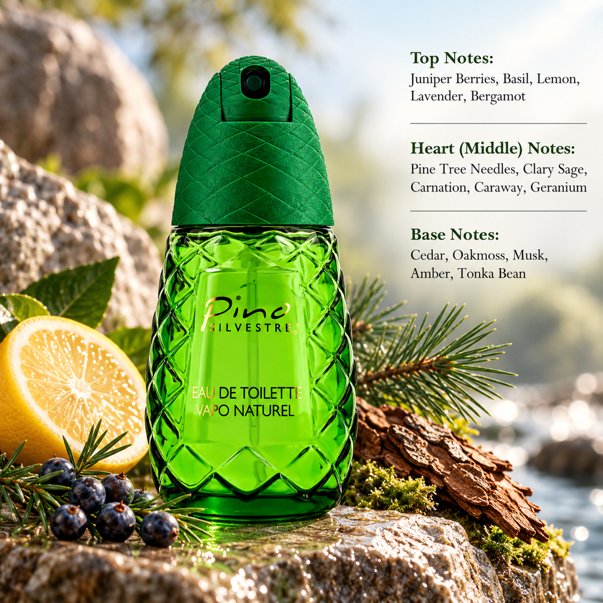 Pino Silvestre Eau de Toilette presented in a fresh, aromatic and woody composition inspired by its classic forest fragrance profile, surrounded by lemon, juniper berries, natural pine needles and rugged cedarwood, set among moss-covered rocks in a bright outdoor landscape that emphasizes the fragrance’s crisp, green and masculine character.