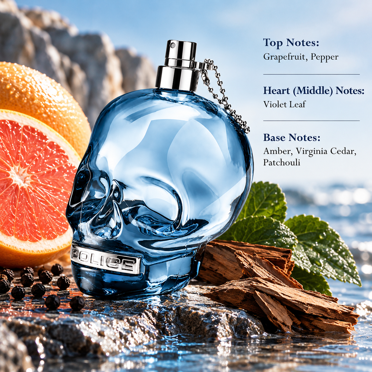 Police To Be Eau de Toilette presented in a fresh, masculine composition inspired by its aromatic woody fragrance profile, surrounded by juicy grapefruit, black pepper, green violet leaves and warm cedarwood, set against a bright coastal background with water and natural stone textures that complement the cool blue bottle.