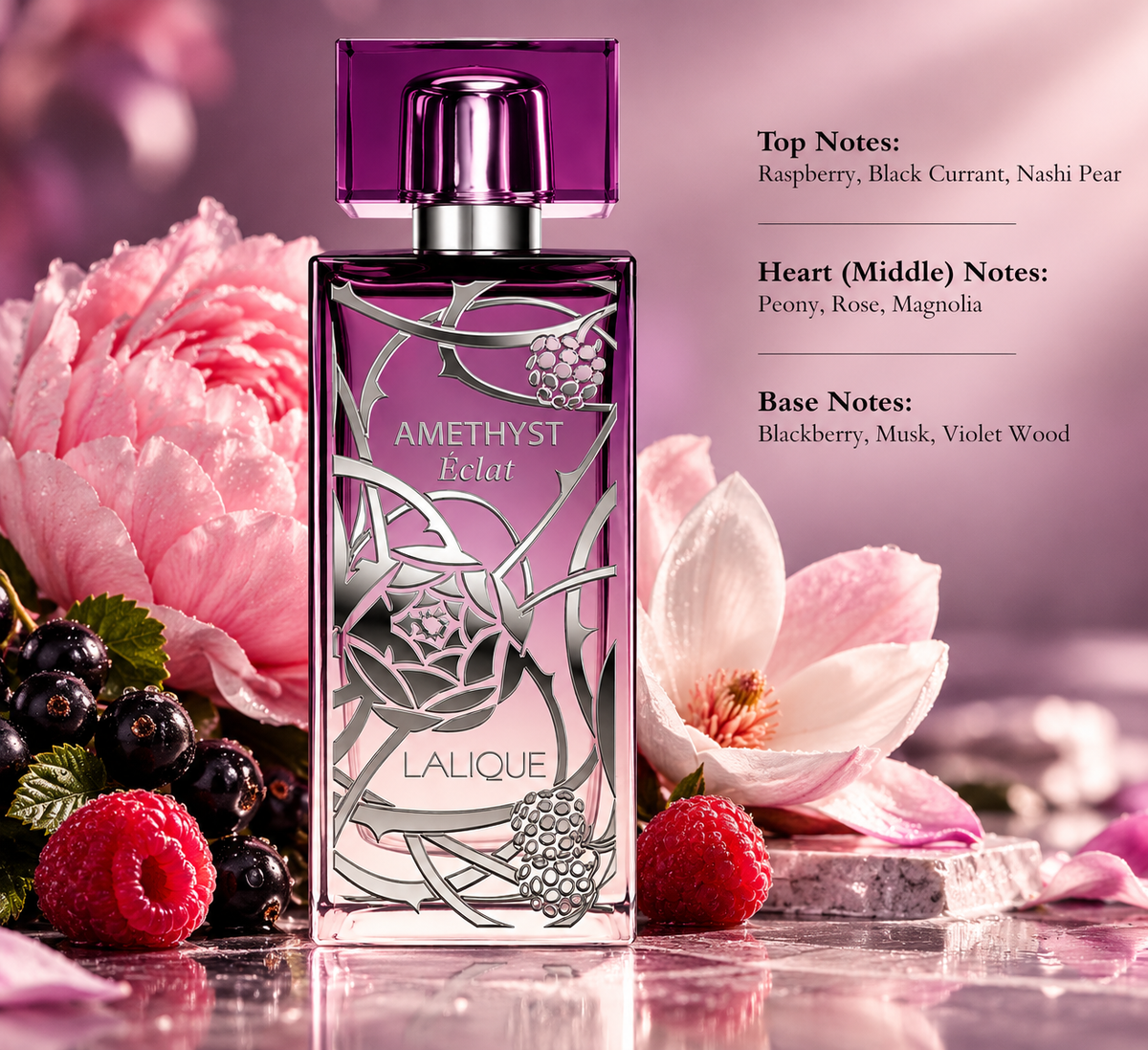 Lalique Amethyst Éclat perfume displayed in an elegant pink floral setting with raspberries, black currants, peony and magnolia, reflecting its fruity, floral, musky and violet wood fragrance profile.