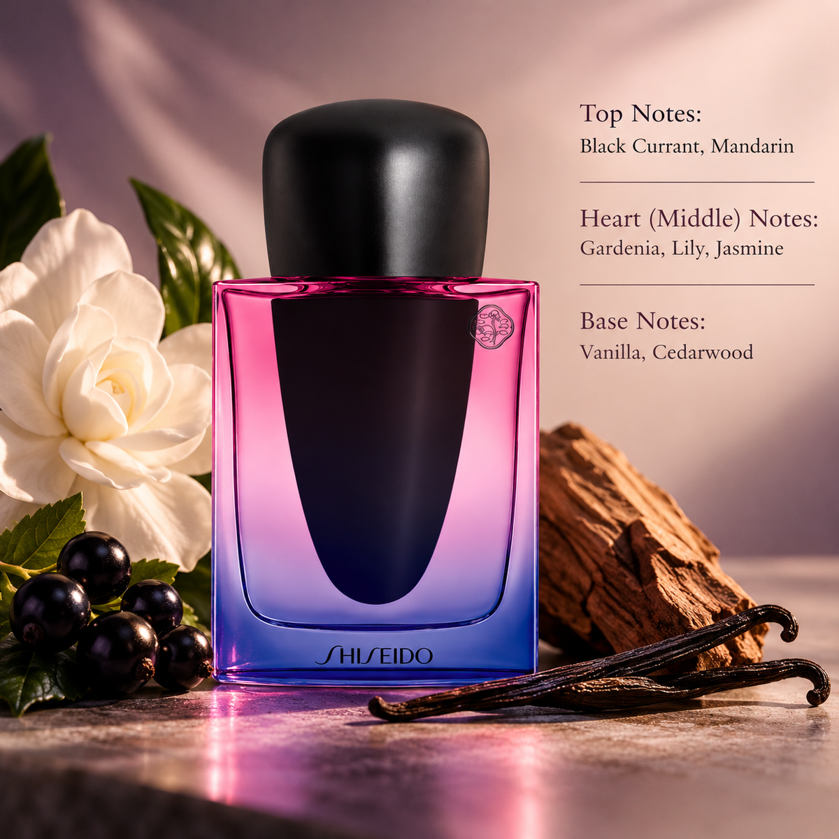 Shiseido Ginza Night Intense 30ml Eau de Parfum presented in a sophisticated, feminine composition inspired by its fruity, white floral and warm woody character, surrounded by black currants, delicate gardenia, rich vanilla and cedarwood elements, with soft pink-toned lighting complementing the bottle’s gradient design and an elegant premium setting.