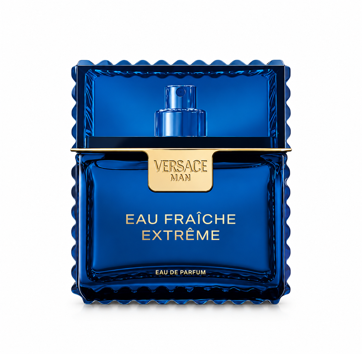 Versace Man Eau Fraîche Extrême 50ml Eau de Parfum for Men presented in its striking deep blue glass bottle with sculpted detailing, polished gold accents and distinctive Versace Man branding, photographed against a clean pure white background.