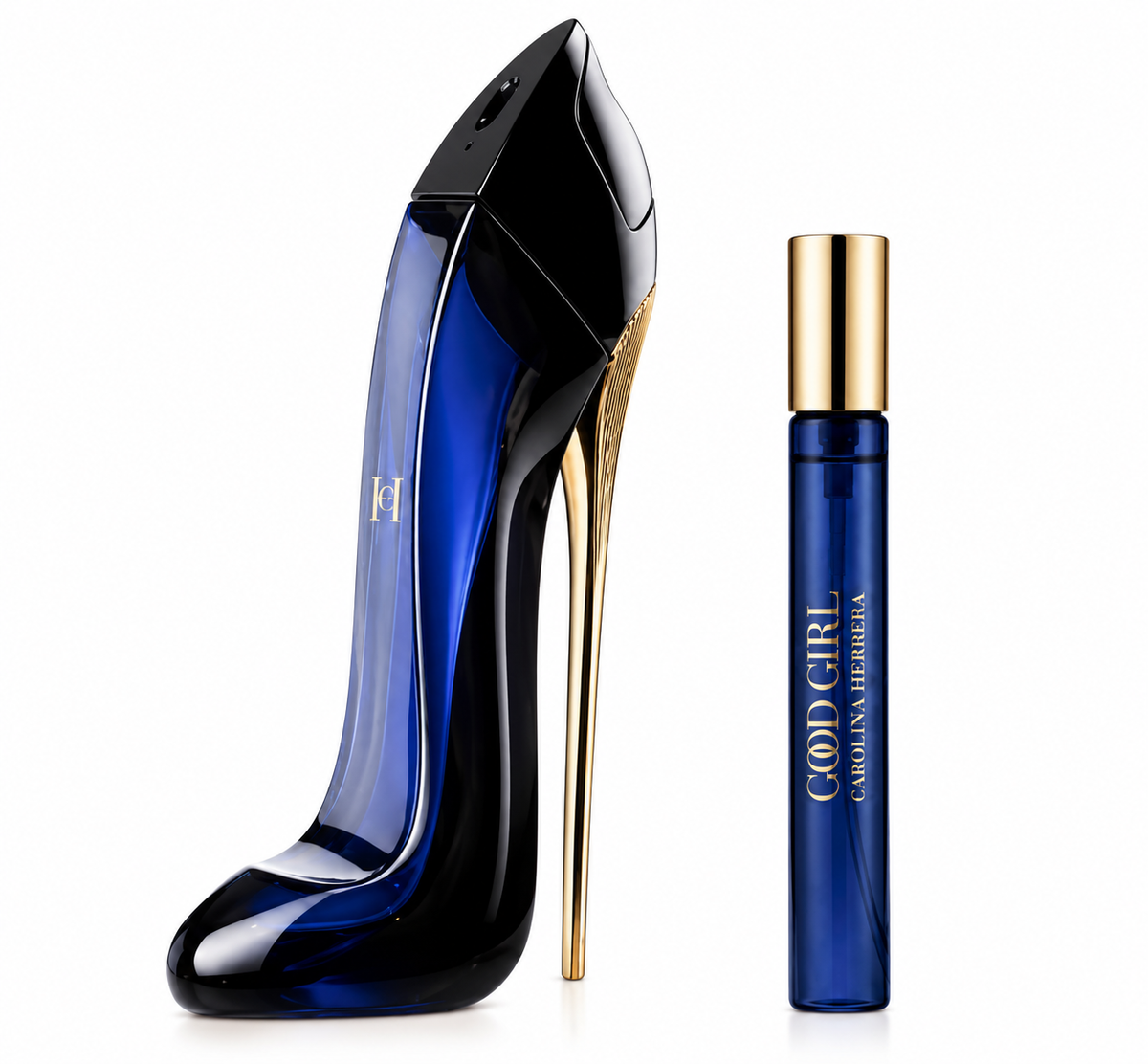 Carolina Herrera Good Girl perfume gift set featuring the iconic midnight-blue stiletto-shaped fragrance bottle with a glossy black finish and elegant gold heel, alongside a matching blue travel spray with gold cap. Luxury women's fragrance set displayed against a clean white background.