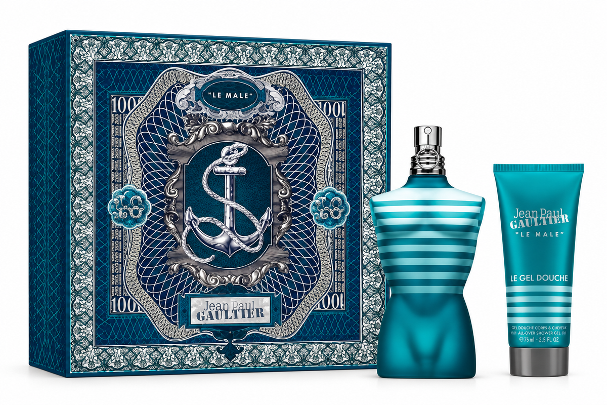 Jean Paul Gaultier Le Male gift set featuring the iconic striped torso fragrance bottle, matching Le Male shower gel and decorative navy-blue gift box with nautical anchor design.