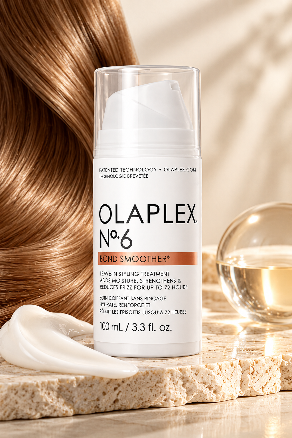 OLAPLEX No.6 Bond Smoother 100ml displayed in an elegant haircare setting with glossy smooth hair and creamy texture, highlighting its leave-in formula for moisture, strength, softness and frizz control.