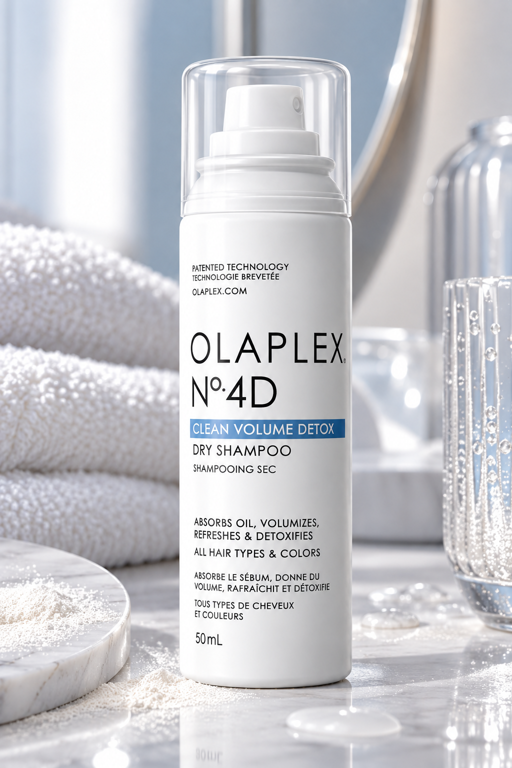 OLAPLEX No.4D Clean Volume Detox Dry Shampoo 50ml displayed in a clean haircare setting, highlighting its oil-absorbing, volumizing and refreshing formula for all hair types and colors.