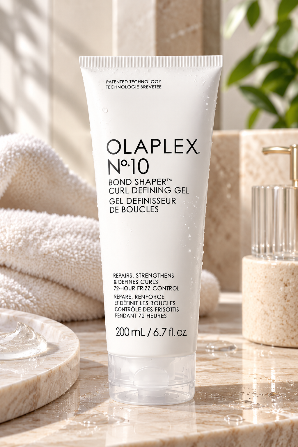 OLAPLEX No.10 Bond Shaper Curl Defining Gel 200ml displayed in an elegant haircare setting, formulated to repair, strengthen and define curls while helping control frizz for up to 72 hours.