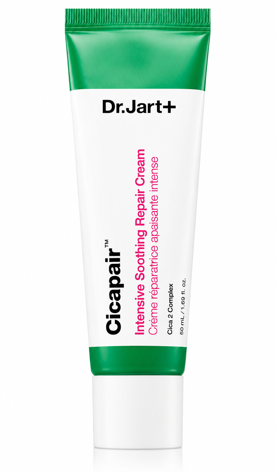 Dr.Jart+ Cicapair Intensive Soothing Repair Cream 50ml in a white and green tube, isolated on a pure white background for a clean, premium skincare product presentation.