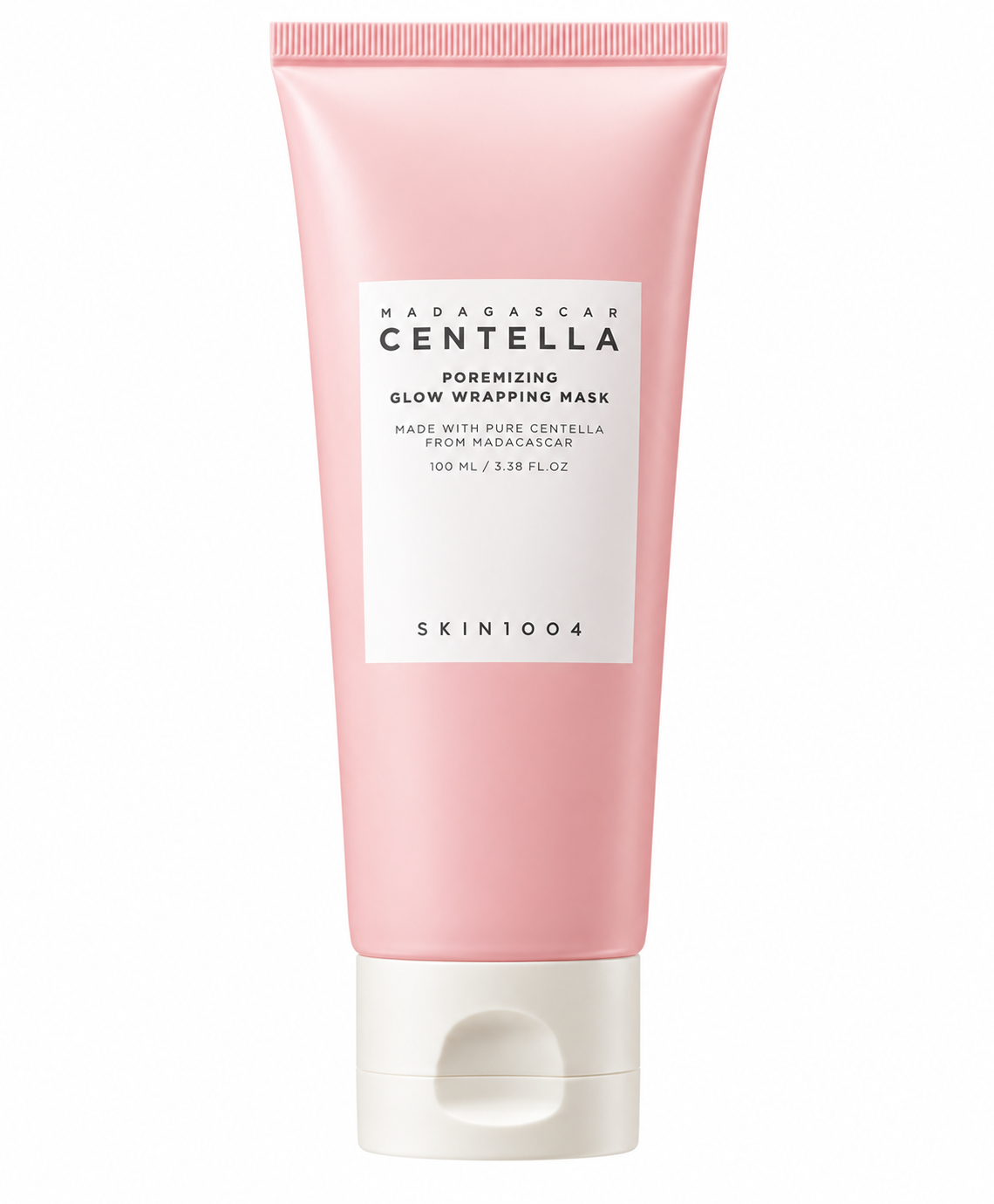 SKIN1004 Madagascar Centella Poremizing Glow Wrapping Mask 100ml in a soft pink tube with minimalist white packaging and clean SKIN1004 branding, formulated with pure Centella from Madagascar, presented on a white background.