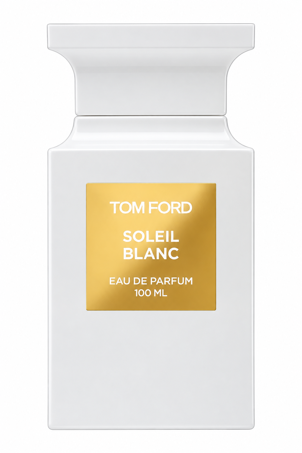 Tom Ford Soleil Blanc 100ml Eau de Parfum presented in its signature pristine white bottle with a polished gold label, photographed against a pure white background for a clean, luxurious product presentation.