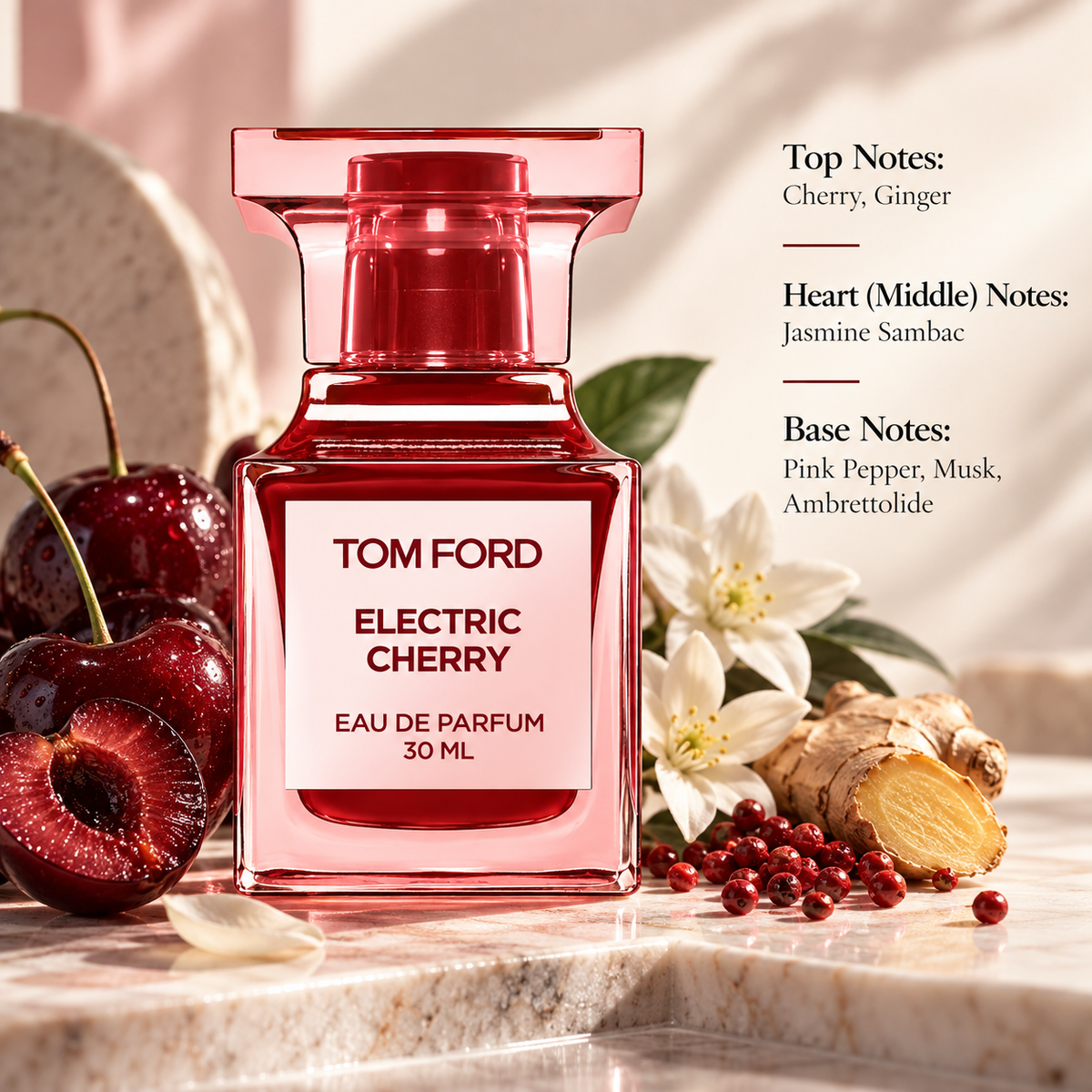 Tom Ford Electric Cherry 30ml Eau de Parfum displayed in a vibrant, luxurious composition with glossy cherries, fresh ginger, jasmine sambac and pink pepper, visually reflecting its juicy cherry, spicy, floral and musky fragrance character.