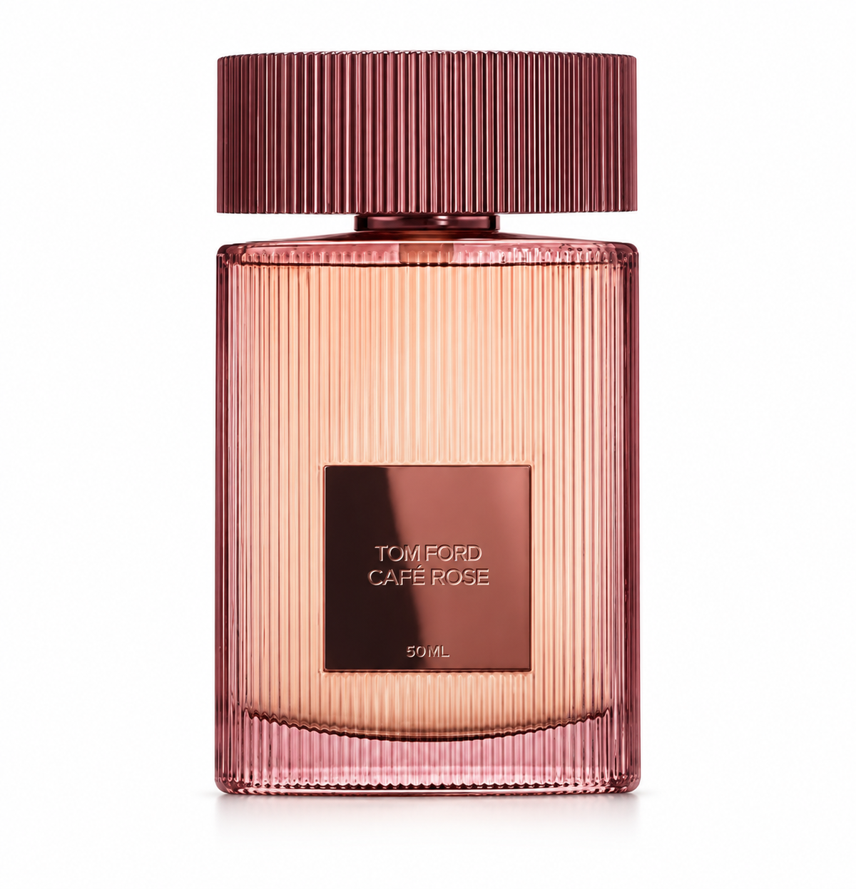 Tom Ford Café Rose 50ml Eau de Parfum in its elegant rose-pink fluted glass bottle with matching ribbed cap and metallic front plaque, photographed against a clean pure white background.