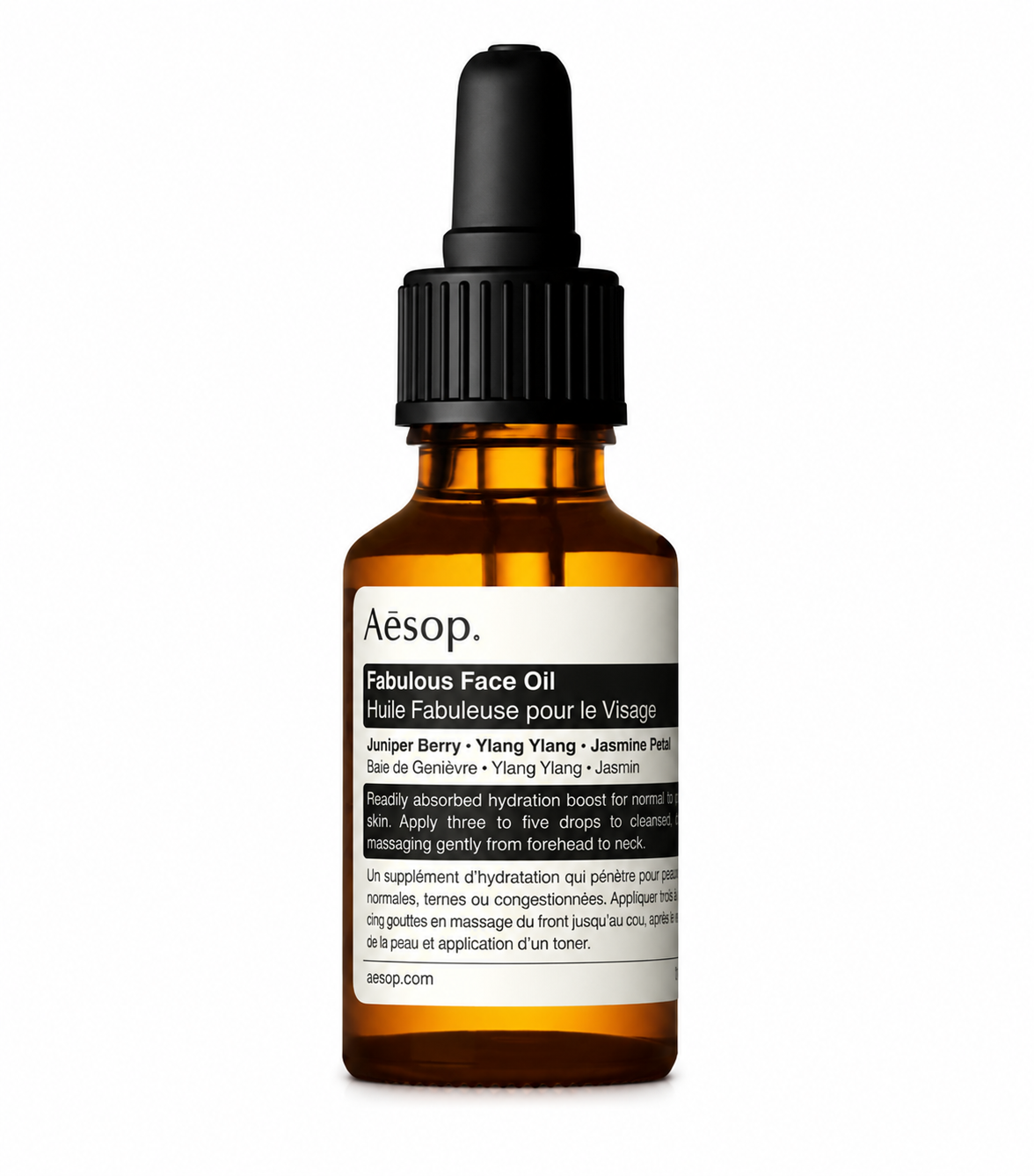 Aesop Fabulous Face Oil in a signature amber glass dropper bottle with a black pipette cap and Aesop's minimalist white label, isolated on a white background. This lightweight botanical facial oil is formulated to deeply nourish, hydrate, and restore balance to normal, dull, or dehydrated skin while reflecting Aesop's clean apothecary-inspired aesthetic.