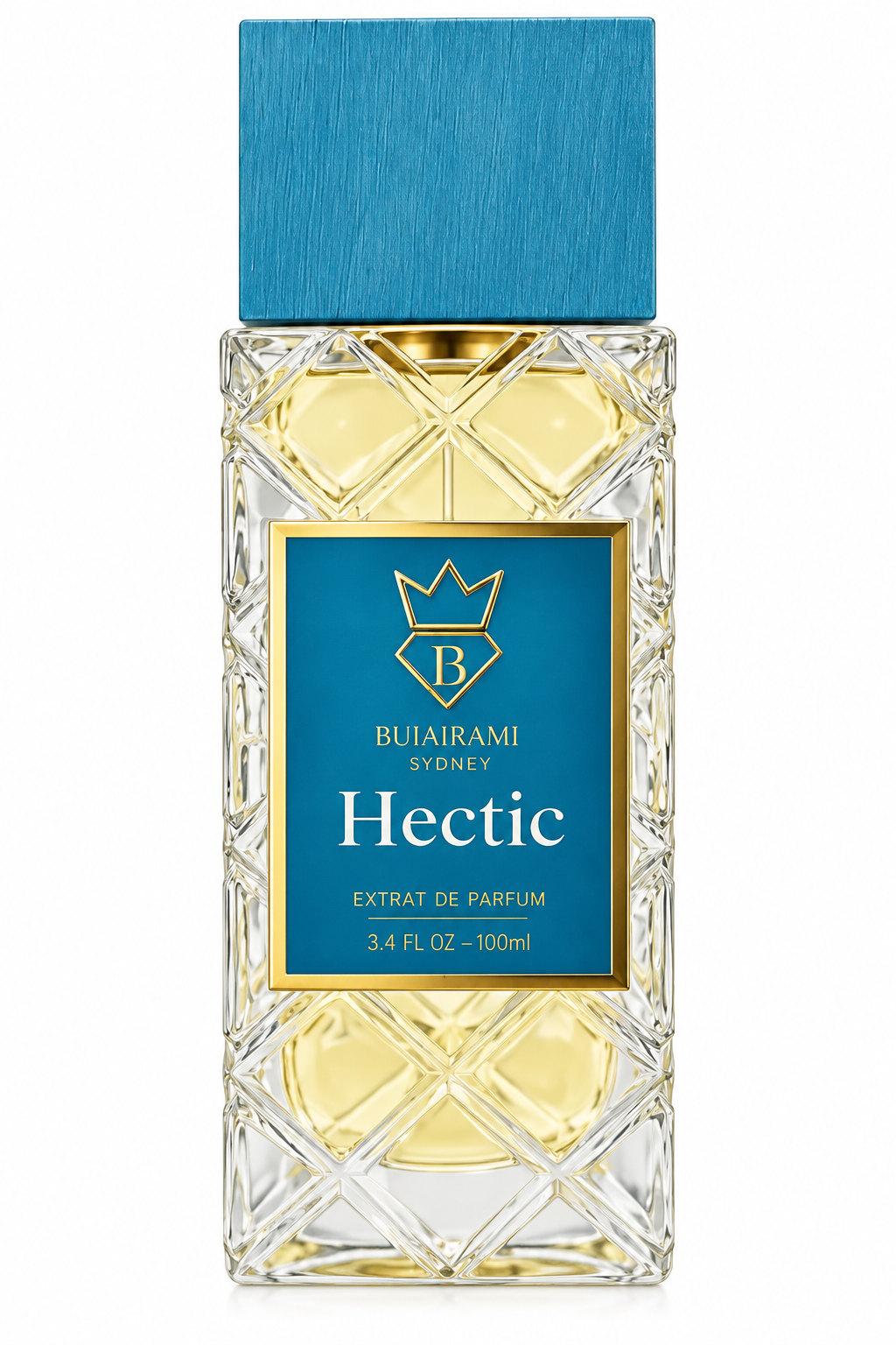 Bujairami Hectic 100ml Extrait de Parfum, featuring a tall faceted crystal-style bottle filled with pale golden fragrance, a textured blue cap and an elegant blue-and-gold label, isolated on a clean white background.