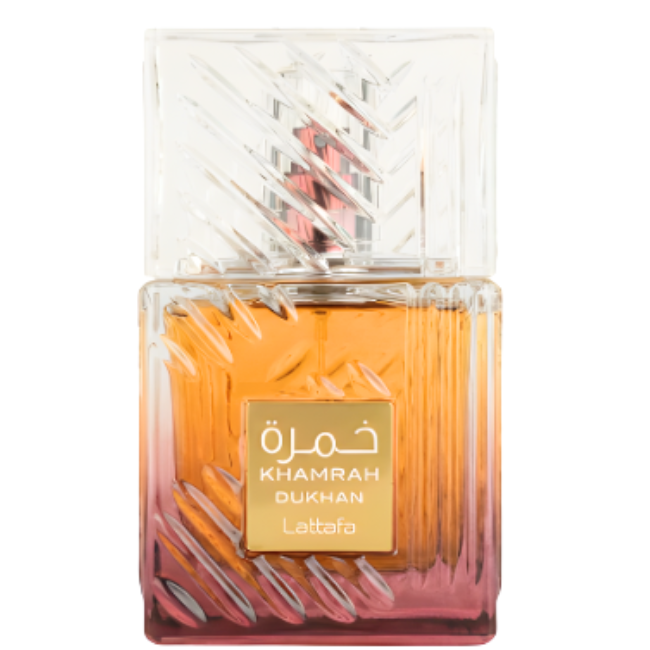 Lattafa Khamrah Dukhan Eau De Parfum in a square crystal-cut glass bottle featuring a honey-to-plum gradient, a central square gold label, and a matching clear ridged cap.
