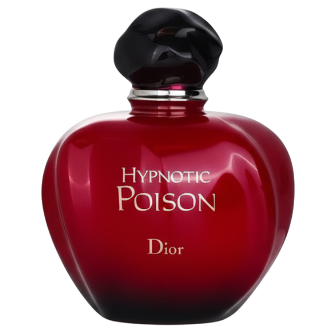 A smooth, apple-shaped deep red glass bottle of Dior Hypnotic Poison featuring a subtle black gradient at the base and a dark, organic-shaped sculptural cap.