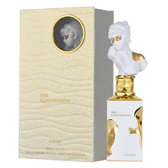A 100ml sculptural white bottle of Lattafa Her Confession featuring gold molten accents and a female bust cap, displayed next to its large textured beige gift box with a circular window showing the bust.