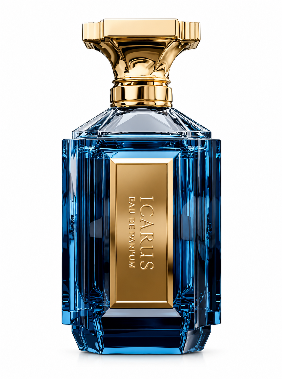 Icarus Eau de Parfum in a luxurious deep blue faceted glass bottle with an architectural gold cap and gold front plaque, photographed on a clean white background.