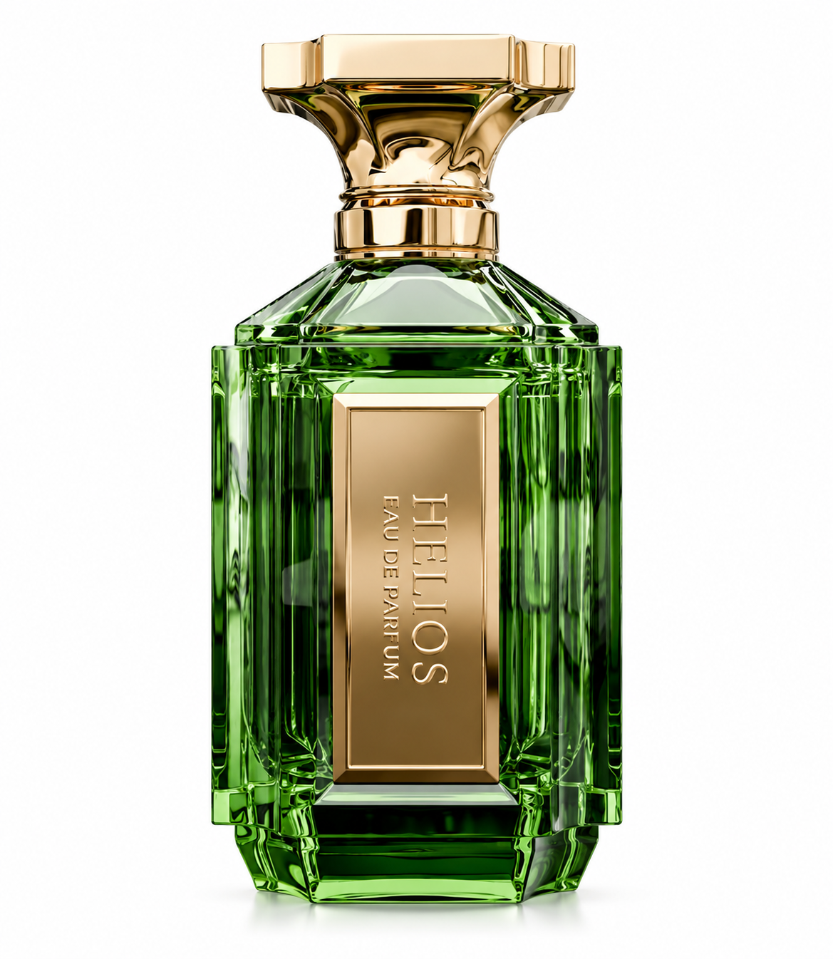 Helios Eau de Parfum in a luxurious emerald green faceted glass bottle with an architectural gold cap and elegant gold front plaque, photographed on a clean white background.
