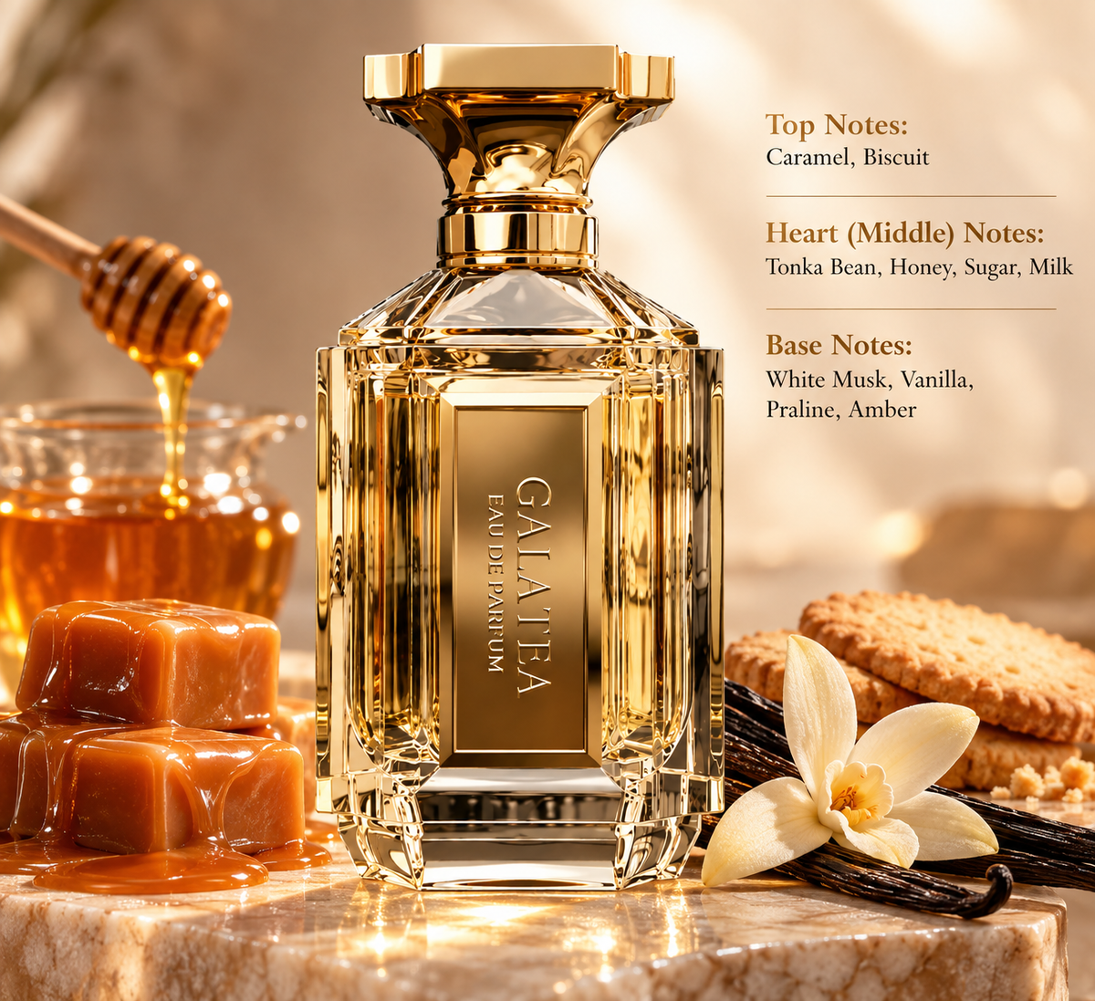 Galatea Eau de Parfum presented in a rich gourmand composition with caramel, biscuit, honey, tonka bean and vanilla, complemented by praline, amber and white musk for a warm, sweet and creamy character.
