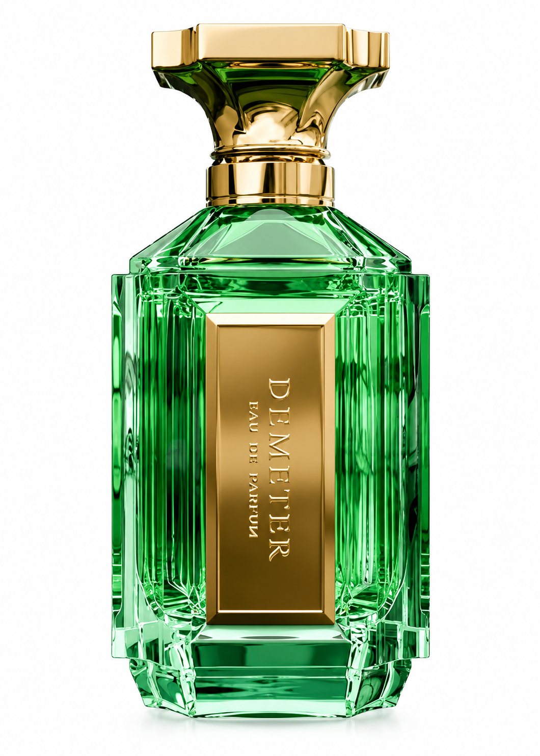 Demeter Eau de Parfum in a vibrant emerald green faceted glass bottle with a sculptural gold cap and elegant vertical gold Demeter plaque, photographed on a clean white background.