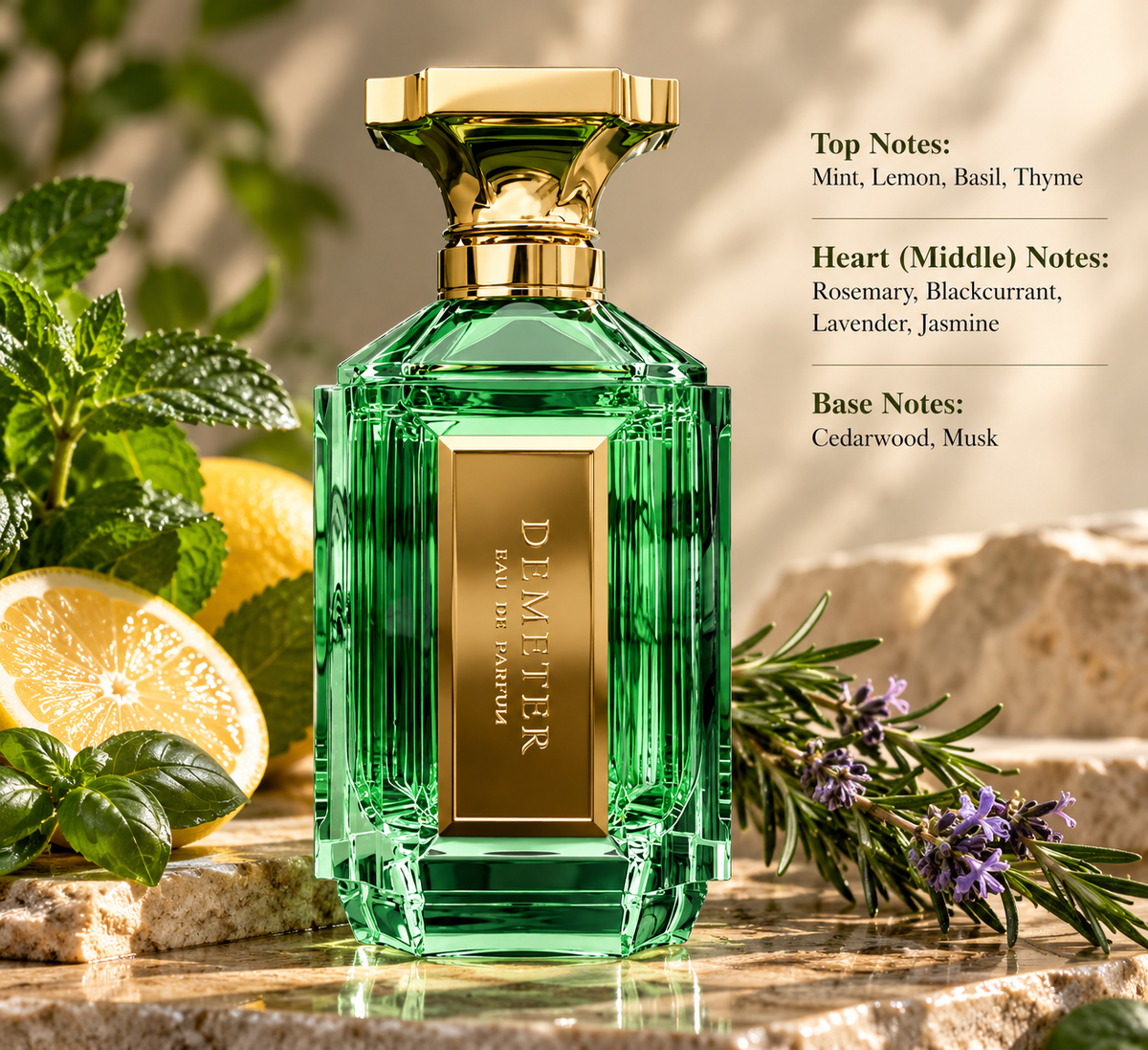 Demeter Eau de Parfum presented in a fresh aromatic composition with mint, lemon, basil and thyme, complemented by rosemary, lavender and jasmine over a refined cedarwood and musk base.