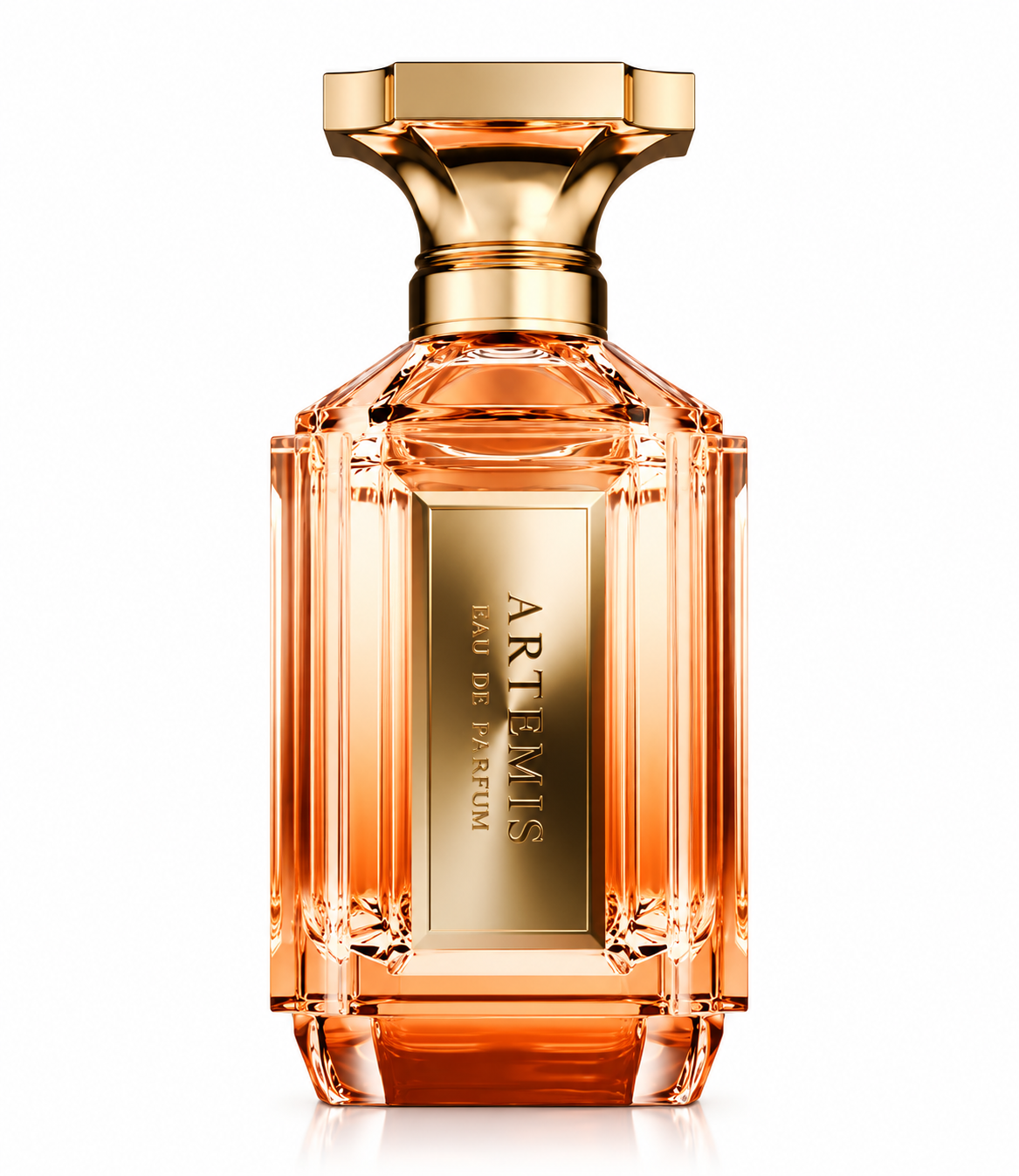 Artemis Eau de Parfum in an elegant faceted amber-orange glass bottle with a sculptural polished gold cap and vertical gold Artemis plaque, photographed on a clean white background.