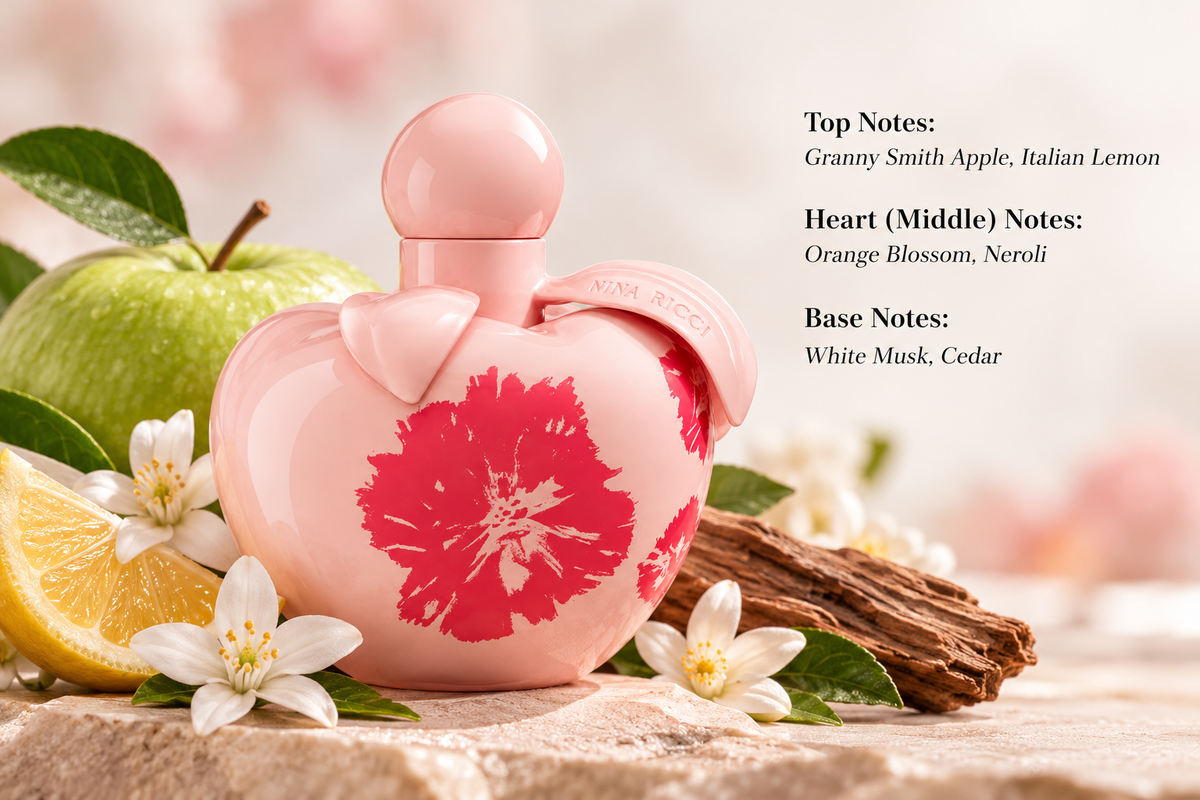 Nina Ricci women's perfume in a pastel pink apple-shaped bottle with bright pink floral details, surrounded by green Granny Smith apples, fresh Italian lemon, white orange blossoms and natural cedarwood. A fresh floral citrus fragrance with neroli and white musk, presented in an elegant, softly lit setting.