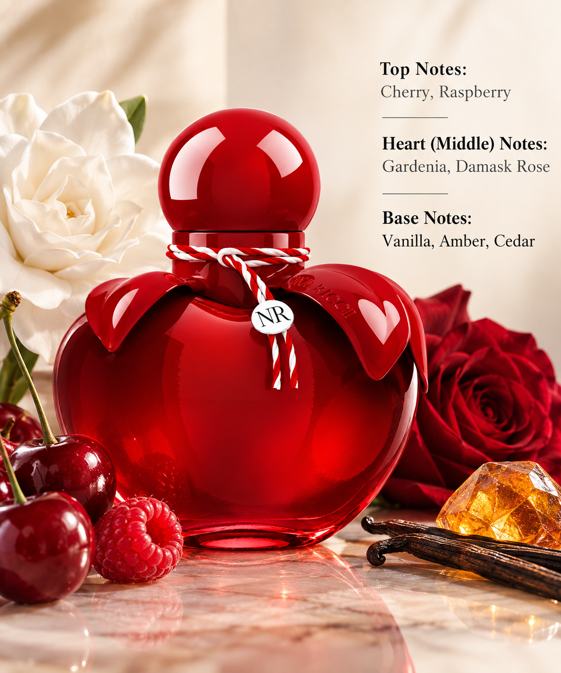 Nina Ricci Nina Rouge perfume in its iconic red apple-shaped bottle, elegantly styled with cherry, raspberry, gardenia, rose, vanilla and amber-inspired details to reflect its fruity floral fragrance profile.