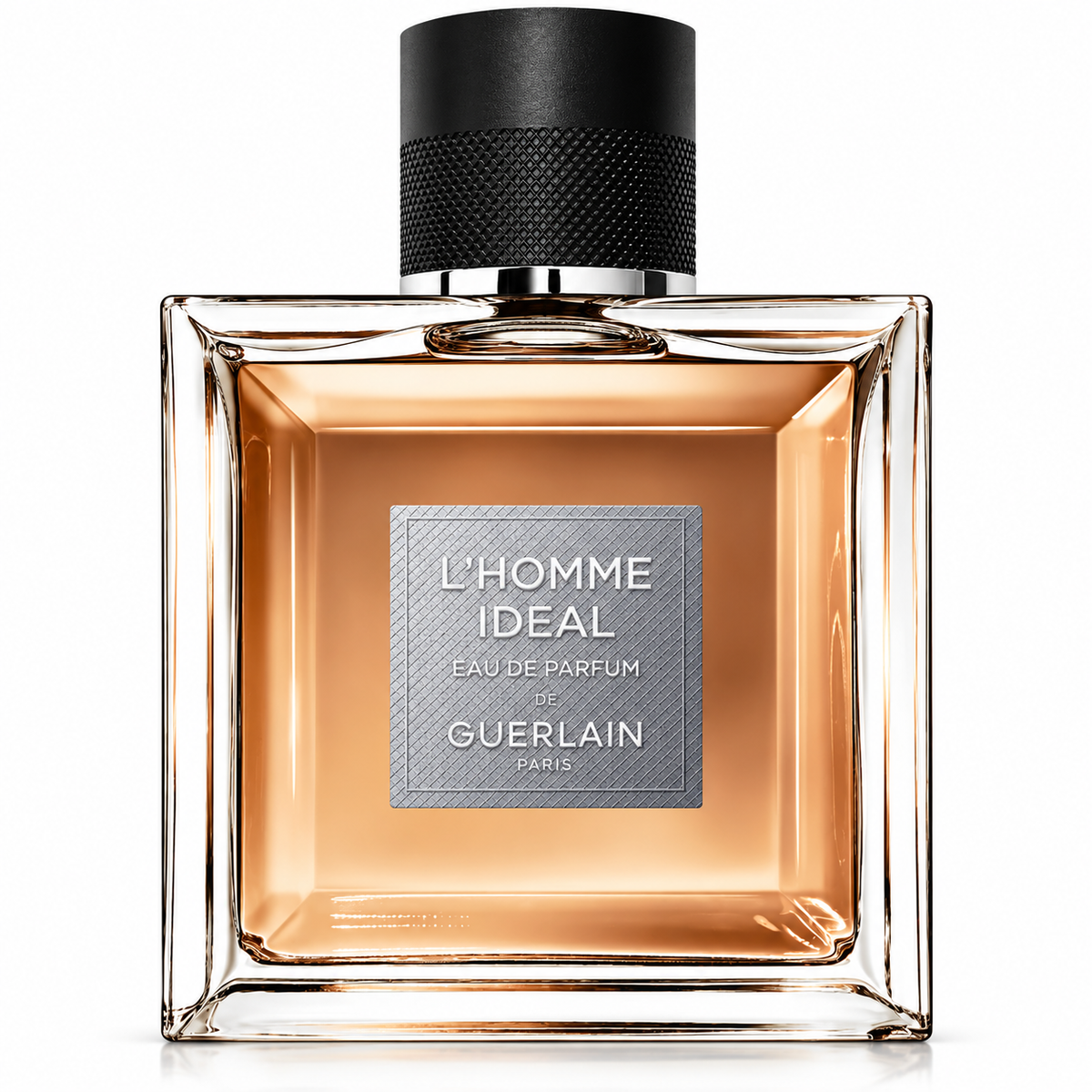 Guerlain L’Homme Idéal Eau de Parfum for men, featuring an elegant square glass bottle filled with warm amber fragrance, a textured black cylindrical cap and a silver Guerlain label, photographed against a clean white background.
