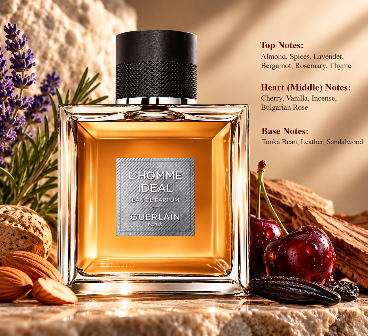 Guerlain L’Homme Idéal Eau de Parfum for men in a luxurious amber glass bottle, surrounded by almonds, lavender, rosemary, ripe cherries, tonka beans and warm woods. An elegant masculine fragrance with spicy, sweet, woody and leathery notes, presented in a sophisticated golden setting.