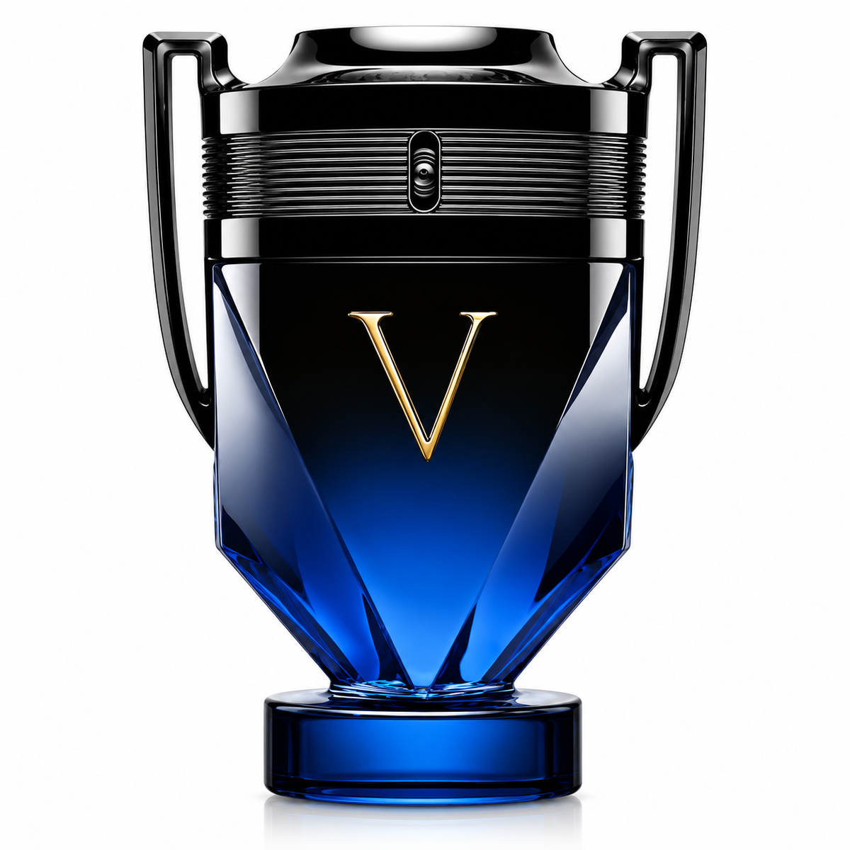 Rabanne Invictus Victory fragrance bottle in a bold trophy-inspired design, featuring deep electric-blue faceted glass, glossy black metallic handles and upper detailing, and a prominent gold “V” emblem at the center. Masculine, powerful and modern presentation with striking blue, black and gold contrasts on a clean white background.