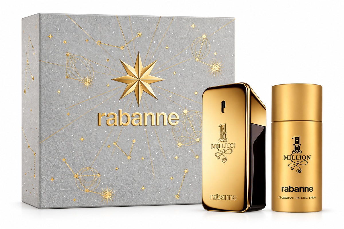 Rabanne 1 Million gift set featuring the iconic gold bar-shaped 1 Million Eau de Toilette bottle and matching gold deodorant natural spray, presented beside an elegant silver gift box decorated with gold celestial and star motifs. Premium metallic finish, recognizable Rabanne branding and luxurious gift-ready presentation on a clean white background.